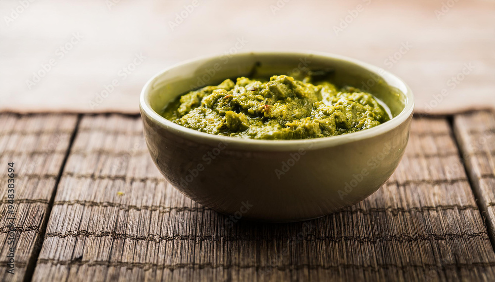 Bowl of green curry paste on a wooden background. Food and spice concept. Bowl of green curry paste on a wooden background. Food and spice concept.