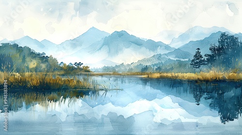 Serene watercolor landscape painting showcasing mountains and a reflective lake, evoking tranquility and natural beauty.