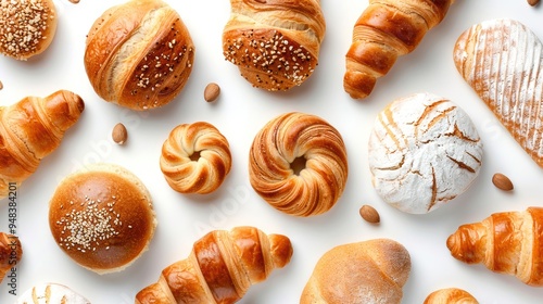 Assorted freshly baked bread and rolls arranged neatly on a white surface, showcasing a variety of textures and shapes.