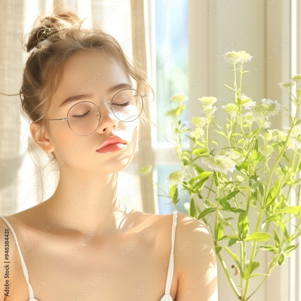 Sunlit tranquility with a young woman and a blooming plant in a bright, serene indoor space Sunlit tranquility with a young woman and a blooming plant in a bright, serene indoor space
