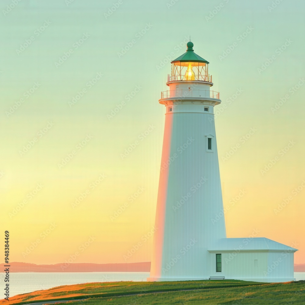 Golden hour casts a warm glow over a serene coastal lighthouse at sunset on the horizon Golden hour casts a warm glow over a serene coastal lighthouse at sunset on the horizon