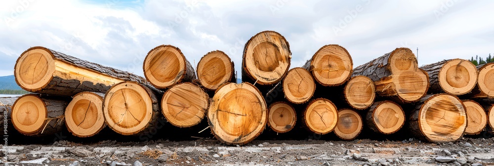 Stack of freshly cut logs outdoors, showcasing tree rings and texture of the wood in a natural setting. Stack of freshly cut logs outdoors, showcasing tree rings and texture of the wood in a natural setting.