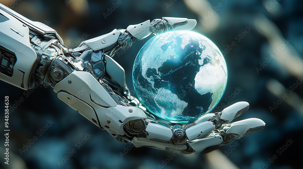 Future technology, robotic arm holding a globe, Three dimensional render of robotic hand holding glowing planet earth Future technology, robotic arm holding a globe, Three dimensional render of robotic hand holding glowing planet earth