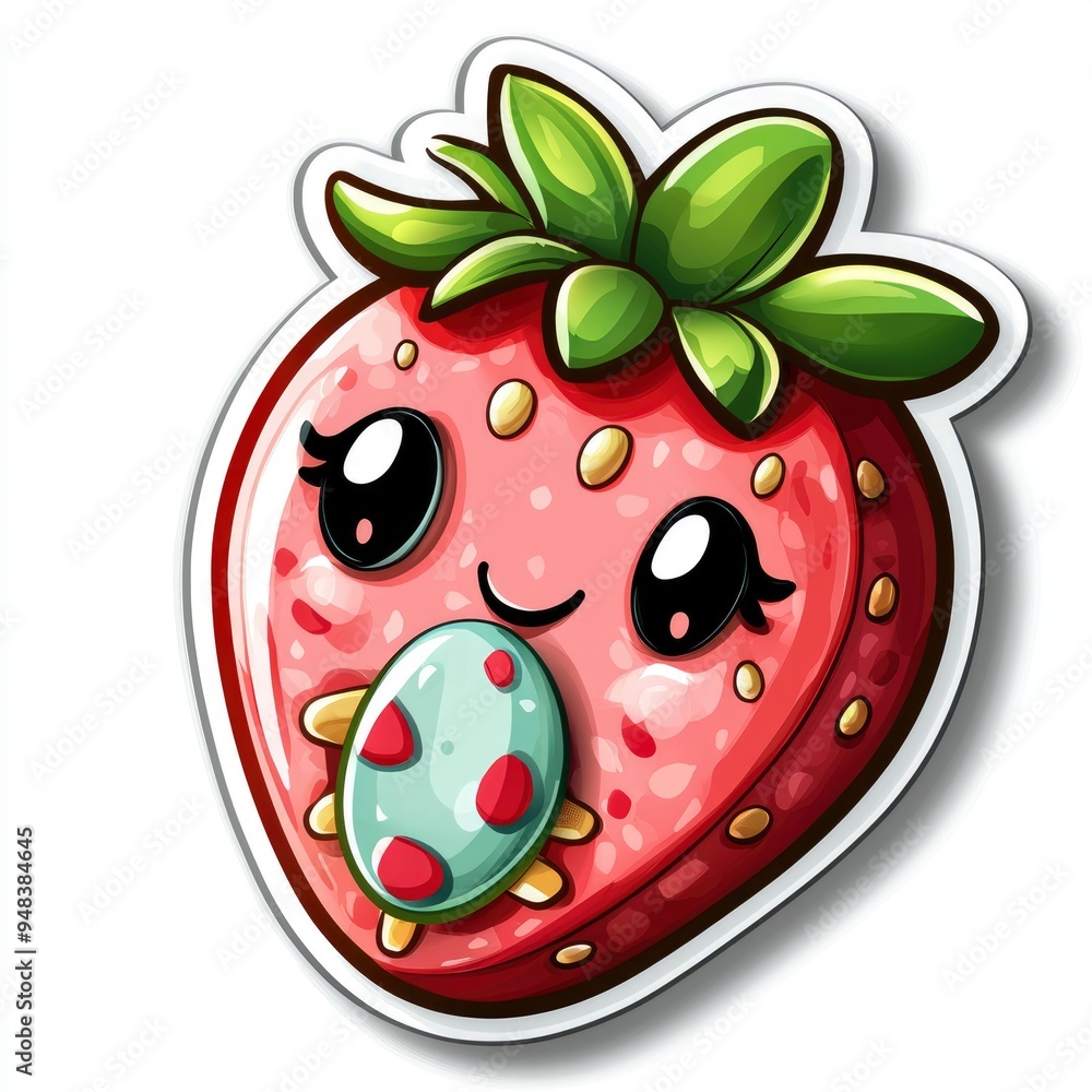 Obraz premium Cute Cartoon Strawberry Holding an Egg