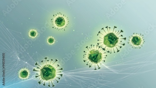 Digital illustration of green virus particles floating with light flares on a blue background