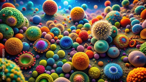 Colorful microscopic image of diverse microbial cells, magnified to reveal intricate structures and vibrant colors, highlighting the fascinating world of microorganisms under the lens.