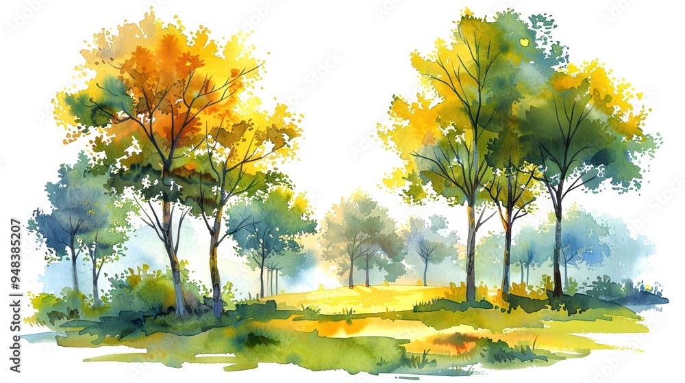 Colorful watercolor painting of a serene forest landscape with vivid autumn and green trees under a sunny sky, representing the beauty of nature.