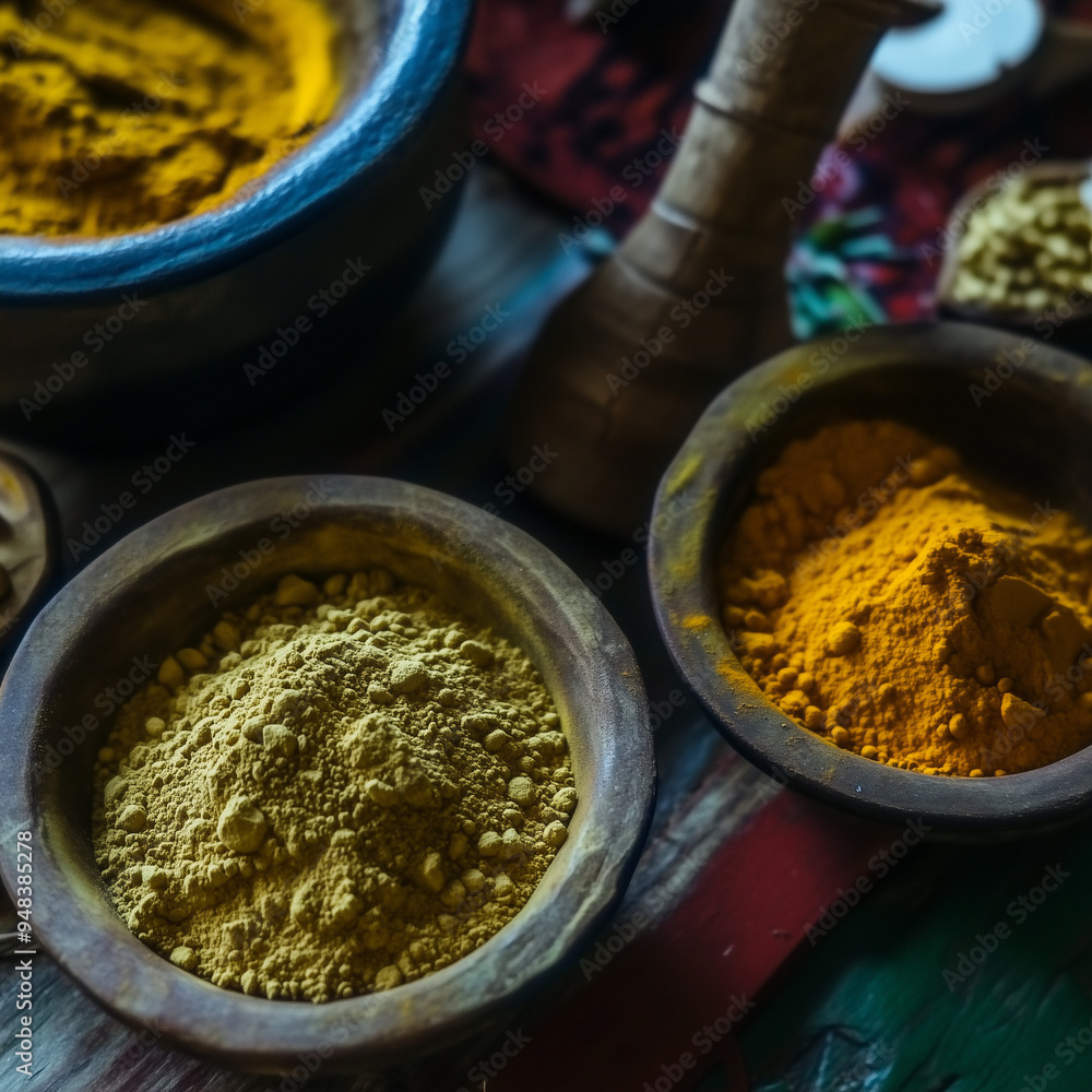 Turmeric, Neem and Tulsi powders arranged on a traditional Ayurvedic medicine table Turmeric, Neem and Tulsi powders arranged on a traditional Ayurvedic medicine table