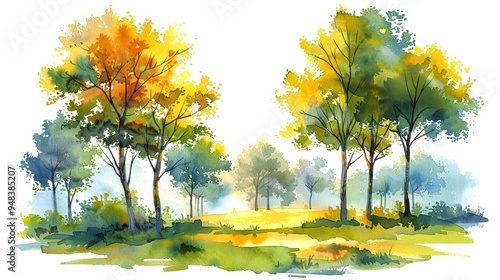 Obraz na płótnie Colorful watercolor painting of a serene forest landscape with vivid autumn and green trees under a sunny sky, representing the beauty of nature. w salonie