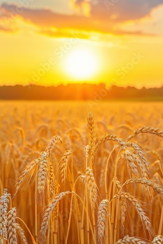 Golden wheat fields bask in the warm sunset glow on a tranquil summer evening photo