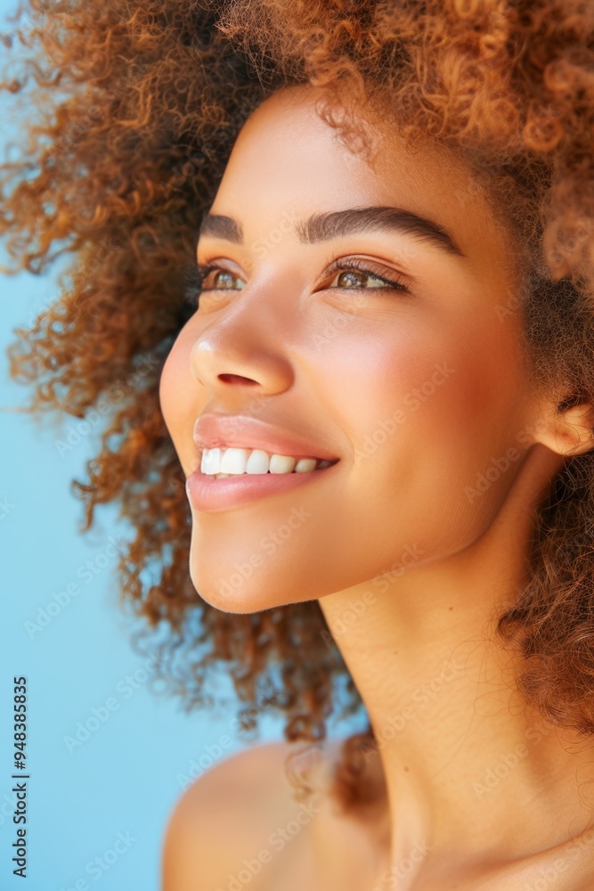 Naklejka premium Joyful woman with curly hair smiles brightly against a vibrant blue background in sunlight