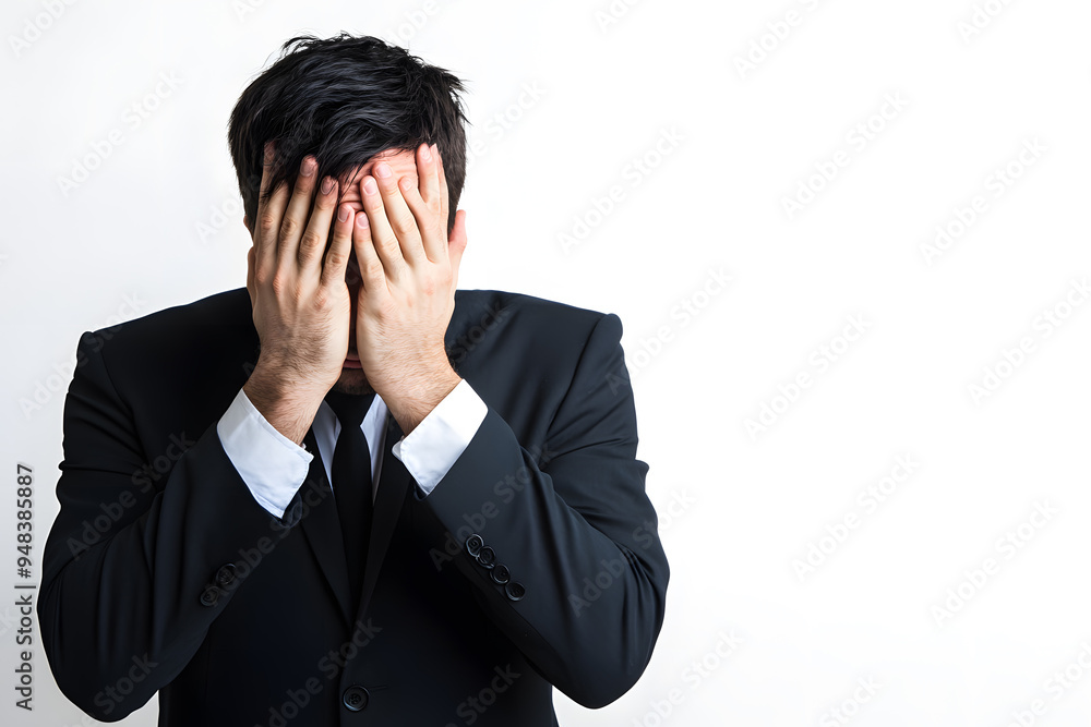 Portrait of overstressed business man covering face with his hands isolated. Emotion of stress or despair Portrait of overstressed business man covering face with his hands isolated. Emotion of stress or despair