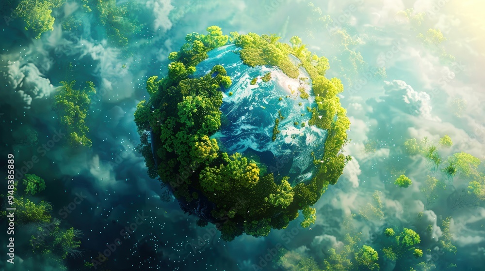 Conceptual image of Earth covered in lush forests floating in space, symbolizing environmental conservation and global sustainability. Conceptual image of Earth covered in lush forests floating in space, symbolizing environmental conservation and global sustainability.