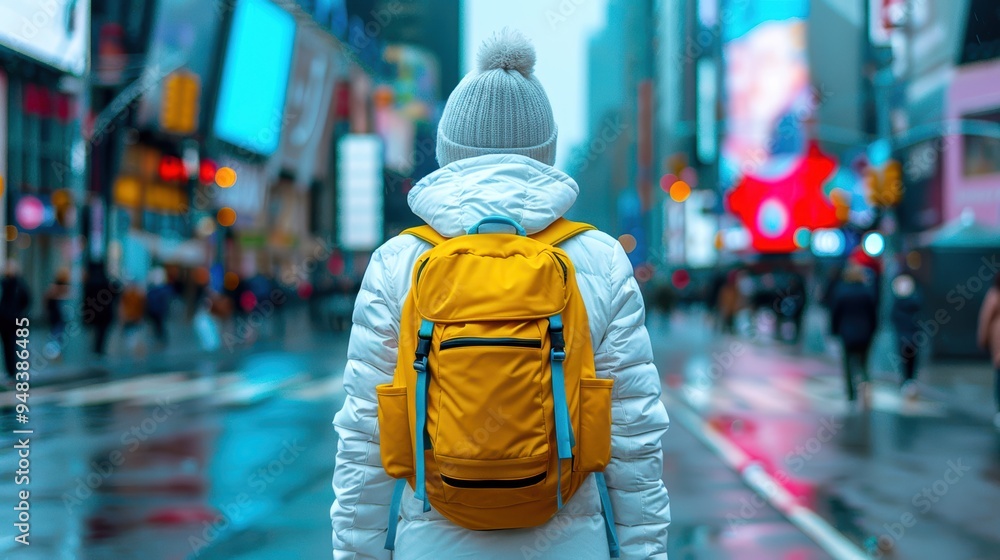 Traveler in winter coat and yellow backpack explores a vibrant city street with blurred lights. Captures adventure and urban lifestyle. Traveler in winter coat and yellow backpack explores a vibrant city street with blurred lights. Captures adventure and urban lifestyle.