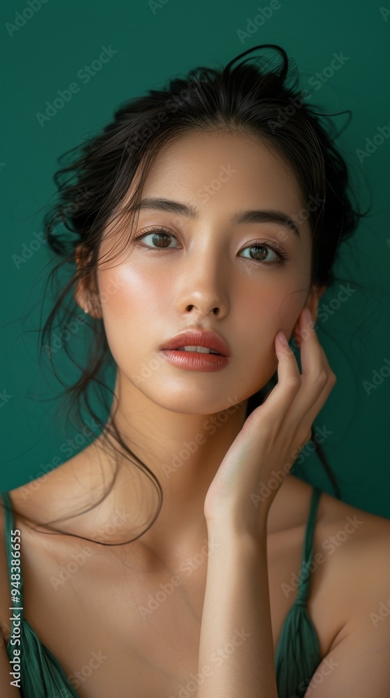 Elegant Asian Woman Portrait on Emerald Green Background with Natural Light - Serene Beauty and Grace Elegant Asian Woman Portrait on Emerald Green Background with Natural Light - Serene Beauty and Grace