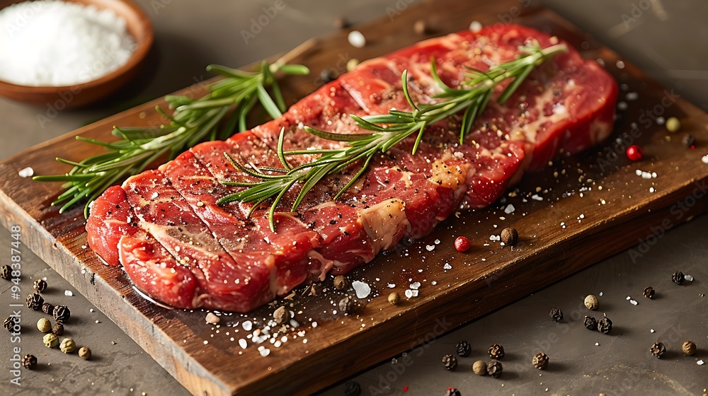 A raw New York strip steak on a rustic wooden wooden board, garnished with fresh rosemary, coarse salt, and peppercorns, warm golden hour lighting creating rich highlights, soft shadows, A raw New York strip steak on a rustic wooden wooden board, garnished with fresh rosemary, coarse salt, and peppercorns, warm golden hour lighting creating rich highlights, soft shadows,