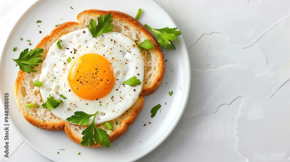 Top view of a delicious sunny-side-up egg on toasted bread with fresh parsley on a white plate, perfect for a breakfast menu or recipe blog. Top view of a delicious sunny-side-up egg on toasted bread with fresh parsley on a white plate, perfect for a breakfast menu or recipe blog.