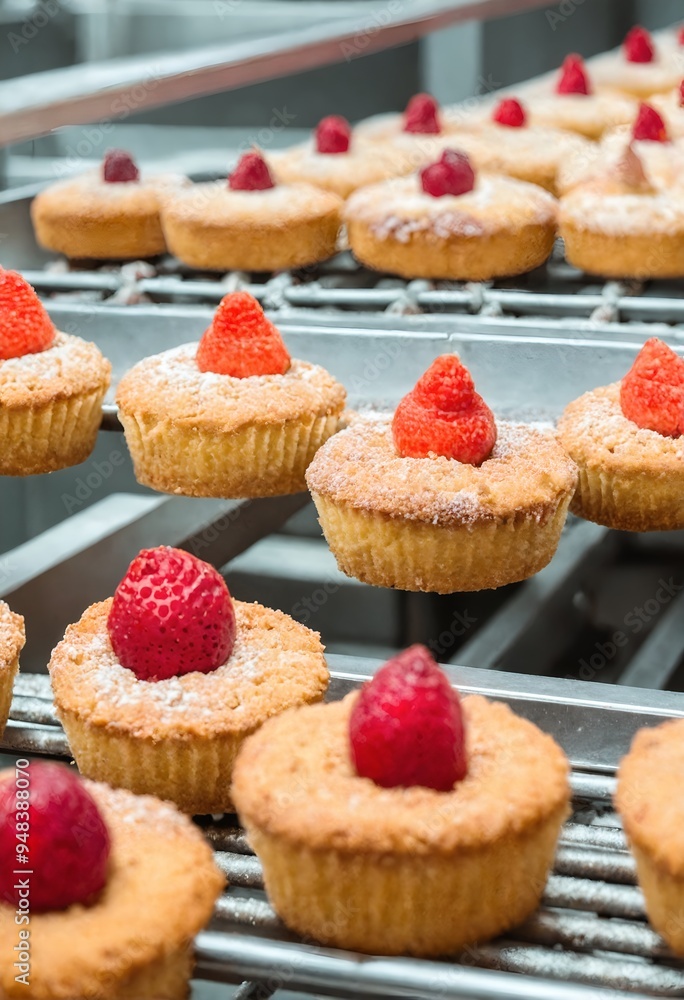 Sweet tasty cakes on food factory conveyor Sweet tasty cakes on food factory conveyor