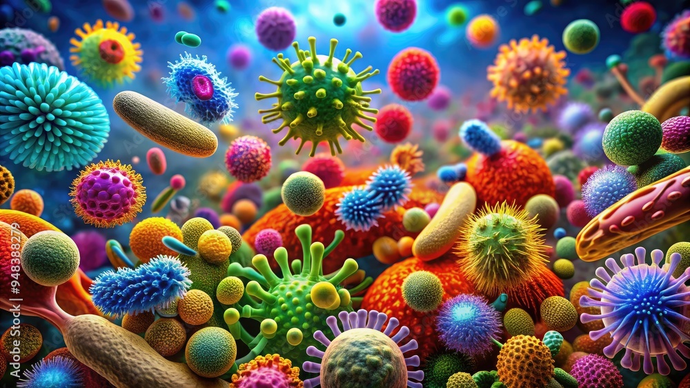 Colorful microscopic view of various microorganisms, bacteria, and ...