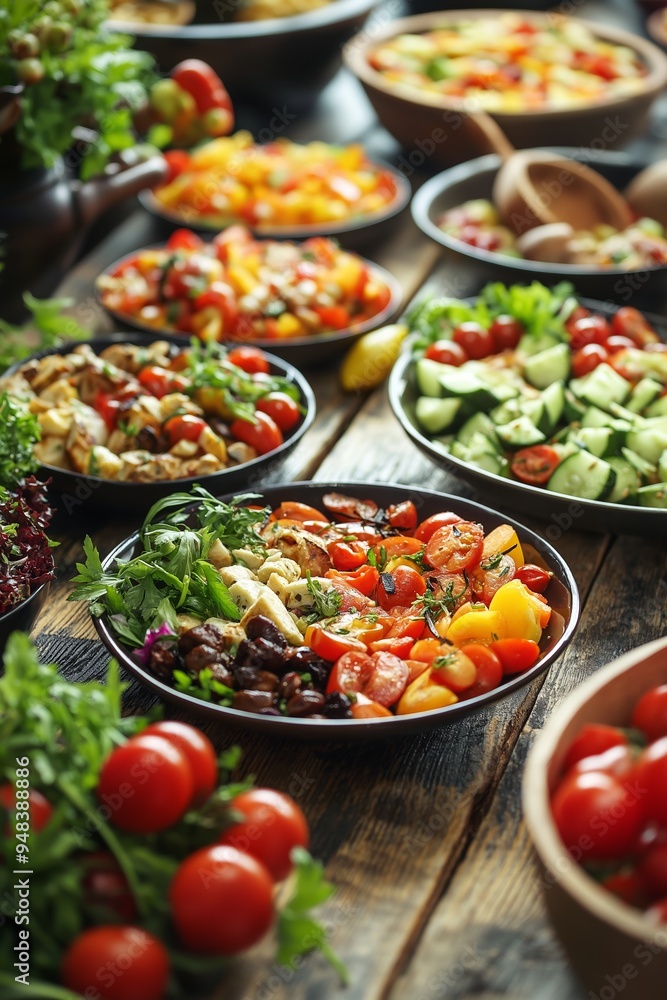 Bowls of Mediterranean salads overflowing with fresh vegetables, herbs, and vibrant colors beautifully arranged on a table. Bowls of Mediterranean salads overflowing with fresh vegetables, herbs, and vibrant colors beautifully arranged on a table.