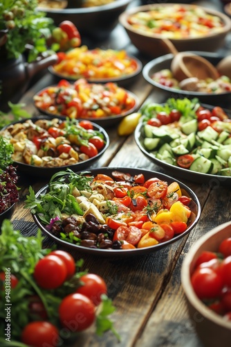 Bowls of Mediterranean salads overflowing with fresh vegetables, herbs, and vibrant colors beautifully arranged on a table.