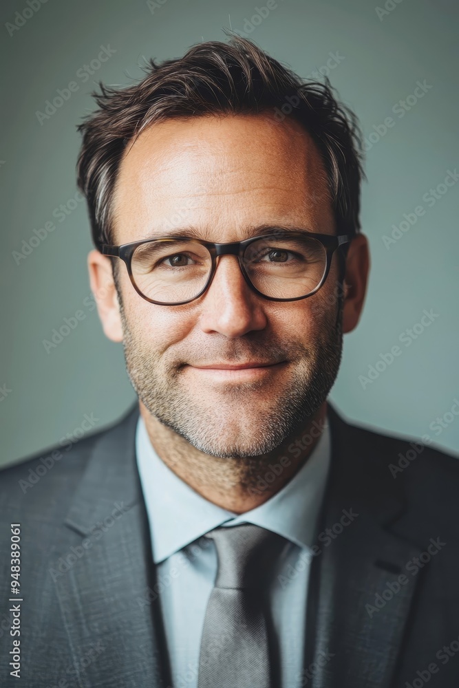 Professional business headshot of a confident smiling man in suit and glasses Professional business headshot of a confident smiling man in suit and glasses