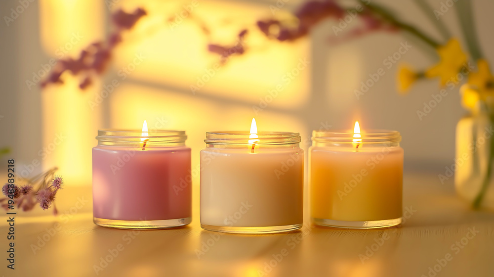 A mockup of three scented candles in glass jars, Pastel colors, All candles lit with warm A mockup of three scented candles in glass jars, Pastel colors, All candles lit with warm