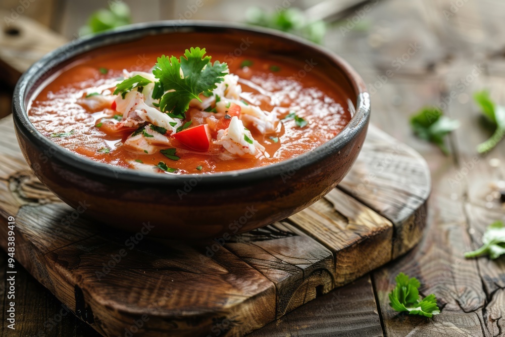 A bowl of seafood gazpacho garnished with fresh crab meat and a sprinkle of cilantro, styled on a rustic wooden board.Gazpacho.Traditional Spanish soup.Seafood gazpacho soup. A bowl of seafood gazpacho garnished with fresh crab meat and a sprinkle of cilantro, styled on a rustic wooden board.Gazpacho.Traditional Spanish soup.Seafood gazpacho soup.