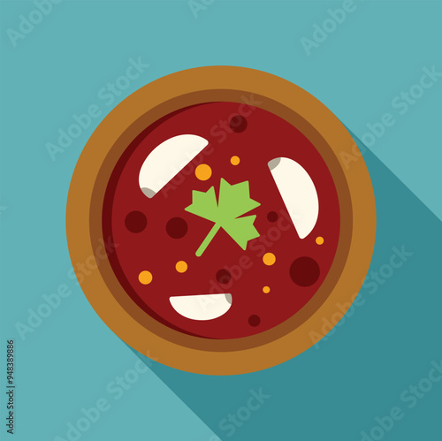 Delicious red borscht served with sour cream and decorated with parsley, a traditional ukrainian soup