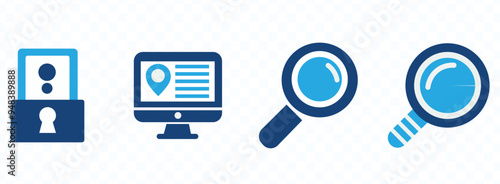 Search icon set. Containing magnifying glass, find, research, SEO and investigate icons. Solid icon collection. Vector illustration