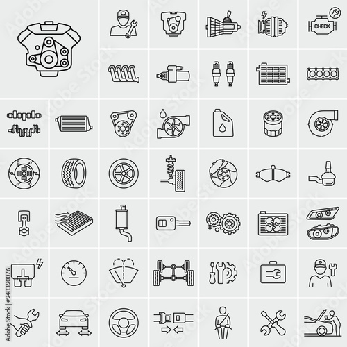 Car Repair Service Engine Parts Vector Line Icons