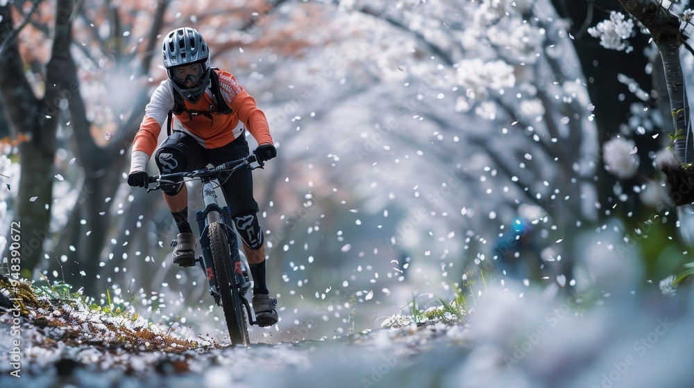 Mountain Biker Riding Through Falling Cherry Blossoms Mountain Biker Riding Through Falling Cherry Blossoms