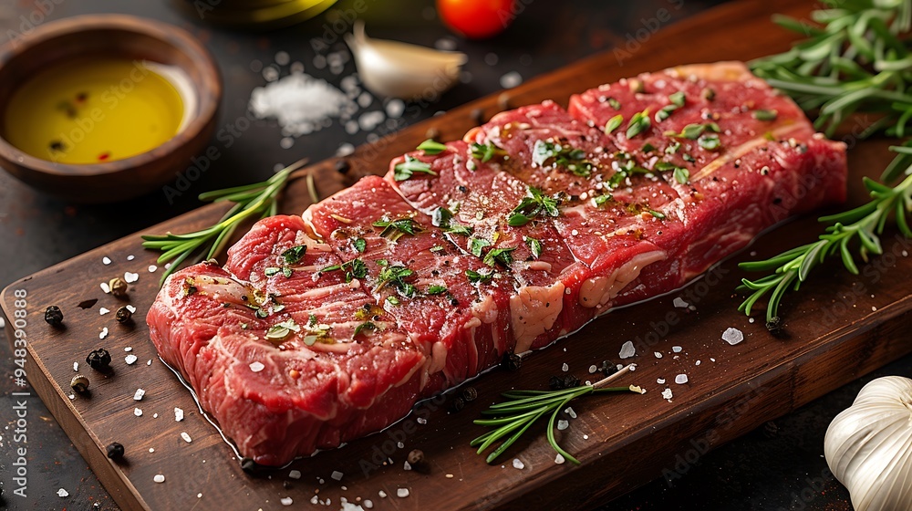 A raw porterhouse steak on a weathered wooden board, surrounded by a mix of herbs, garlic bulbs, and olive oil drizzles, soft natural light from the side, vibrant colors, rich textures, A raw porterhouse steak on a weathered wooden board, surrounded by a mix of herbs, garlic bulbs, and olive oil drizzles, soft natural light from the side, vibrant colors, rich textures,