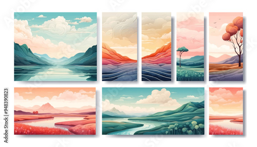 Set of wedding invitation with watercolor aquarelle landscape mountain background