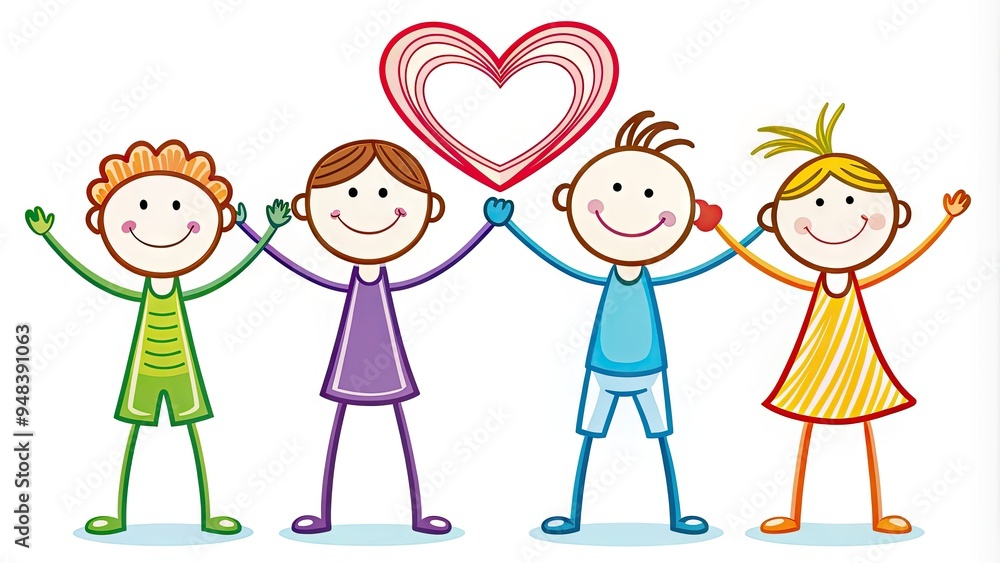 Colorful stick figure family of four with smiling faces and outstretched arms, standing in a circle, forming a heart shape with their hands and fingers. Colorful stick figure family of four with smiling faces and outstretched arms, standing in a circle, forming a heart shape with their hands and fingers.