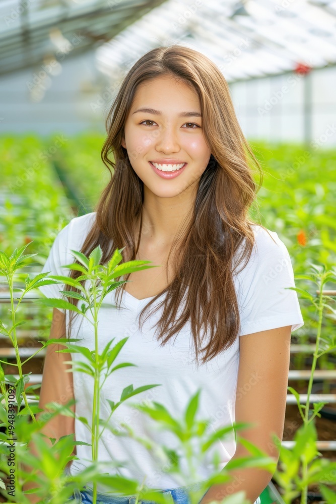 Young woman tending to green plants in a vibrant greenhouse filled with sunlight Young woman tending to green plants in a vibrant greenhouse filled with sunlight