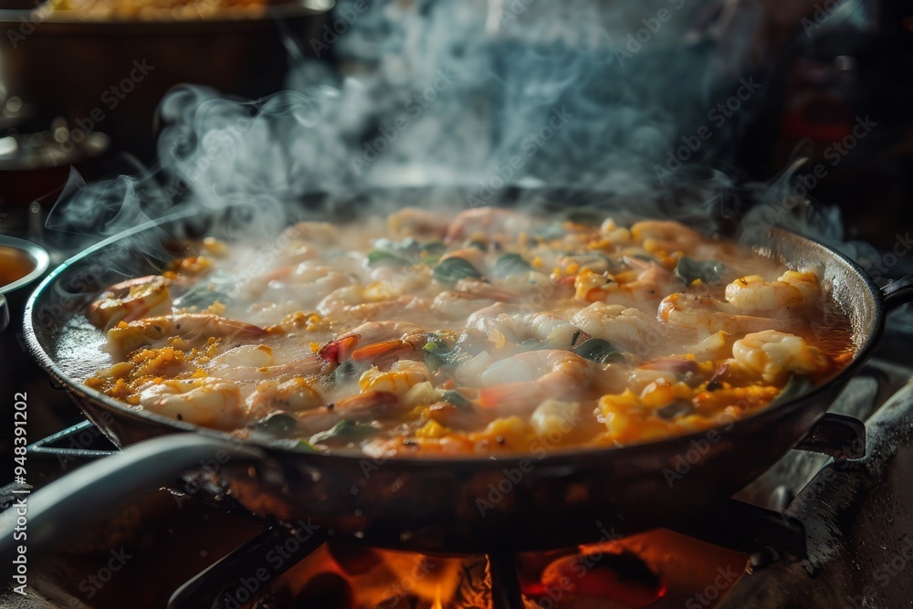 Spanish seafood dish.Zarzuela.Spanish seafood stew.Zarzuela cooking in a large cast-iron pan, with steam rising and seafood visible, set on a rustic stove with ample copy space Spanish seafood dish.Zarzuela.Spanish seafood stew.Zarzuela cooking in a large cast-iron pan, with steam rising and seafood visible, set on a rustic stove with ample copy space
