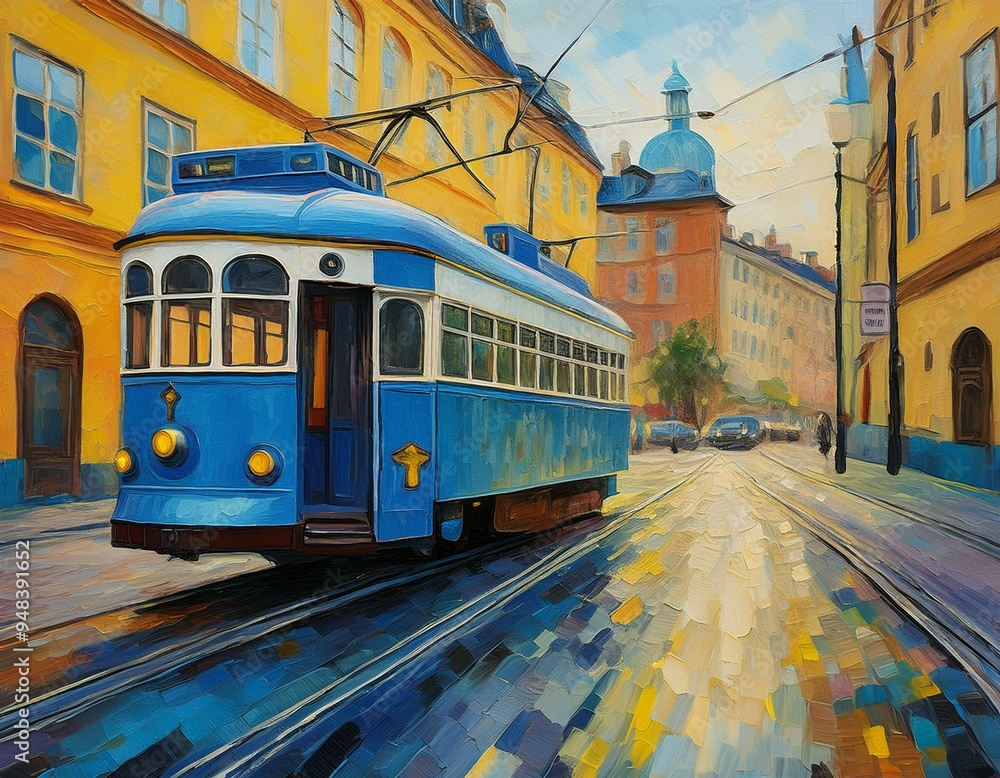Obraz premium Blue tram transport old public transportation oil painting electric cable rail travel Europe Sweden Stockholm inspired ai generated art
