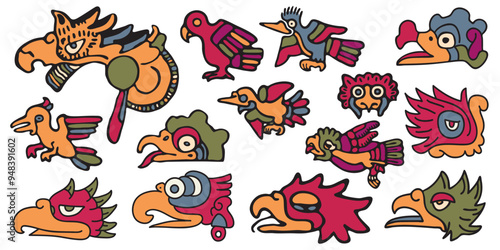 A set of tribal birds. Aztec style Mexican designs