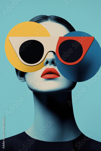 Artistic portrait of a woman wearing oversized, abstract sunglasses in bright colors, with bold red lipstick against a minimalist blue background