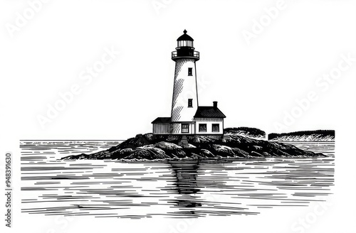 lighthouse on shore of ocean, engraving black and white illustration. sea navigation, travel concept photo