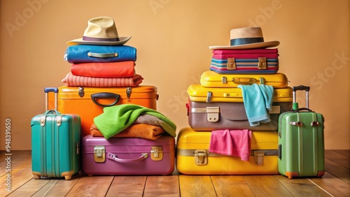 Colorful suitcases of varying sizes stacked together, surrounded by scattered clothes and travel accessories, against a light brown background with a sense of warmth and adventure. photo