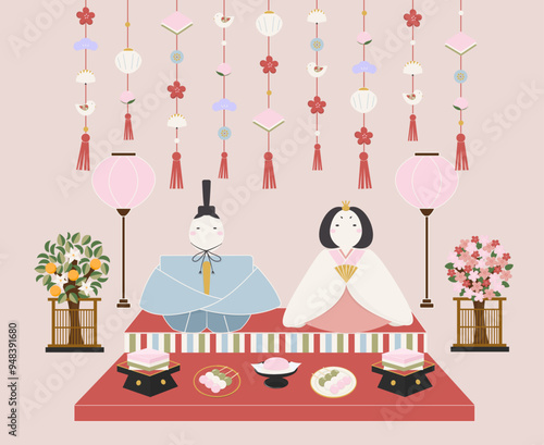 Japanese religious holiday Hinamatsuri. Doll’s day. Girls’ day elements. Japanese doll festival.