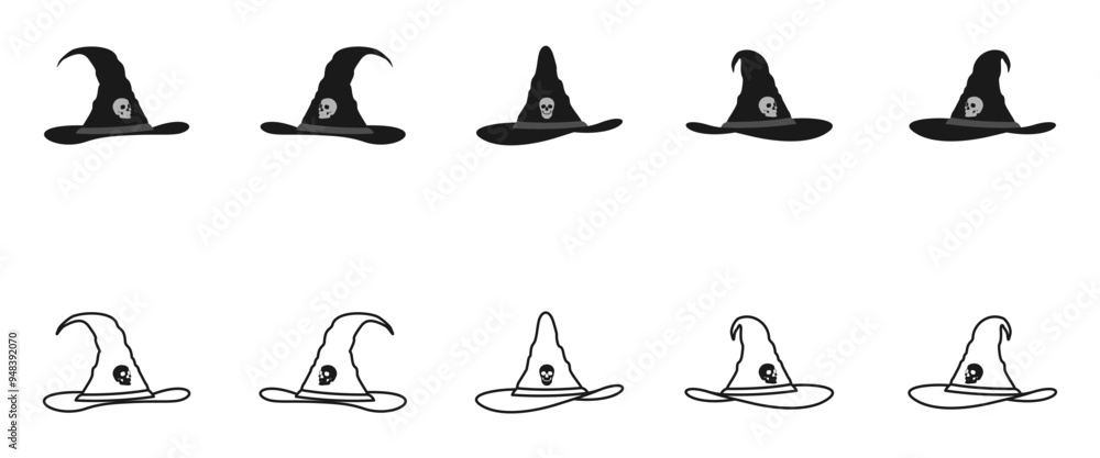 Obraz premium witch hat with skull icon set vector illustration isolated on white background.