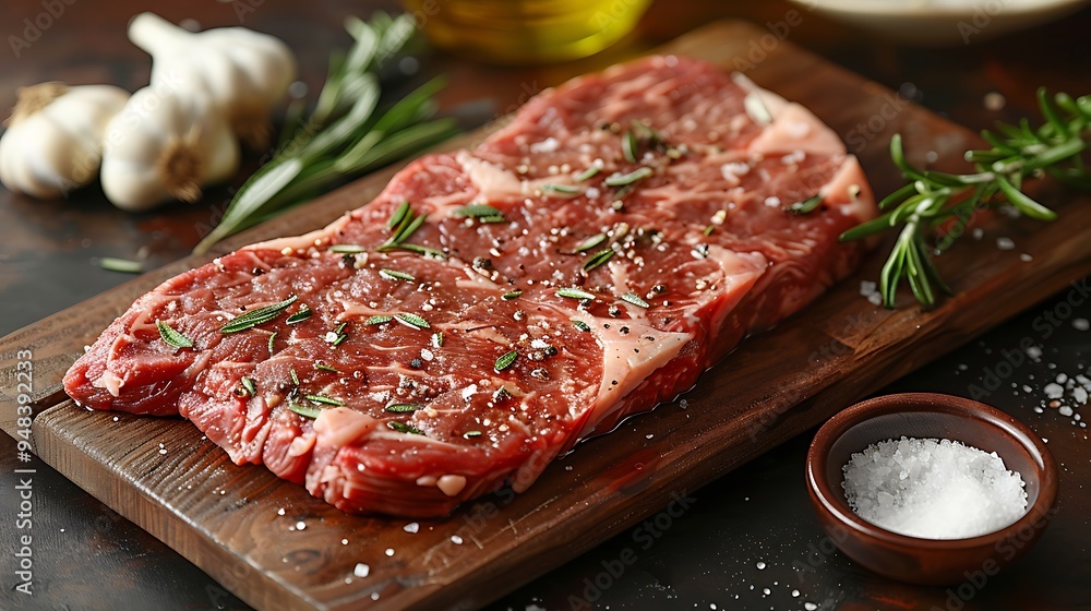 A raw porterhouse steak with visible marbling, placed on a rustic wooden board, garnished with rosemary, garlic bulbs, and olive oil drizzles, natural light enhancing the textures, warm tones, A raw porterhouse steak with visible marbling, placed on a rustic wooden board, garnished with rosemary, garlic bulbs, and olive oil drizzles, natural light enhancing the textures, warm tones,