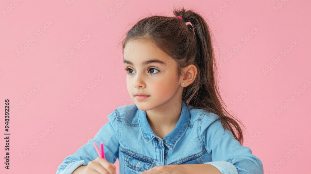 Adorable girl with a ponytail, focused on homework at a desk, wearing a denim shirt, Adorable girl with a ponytail, focused on homework at a desk, wearing a denim shirt,