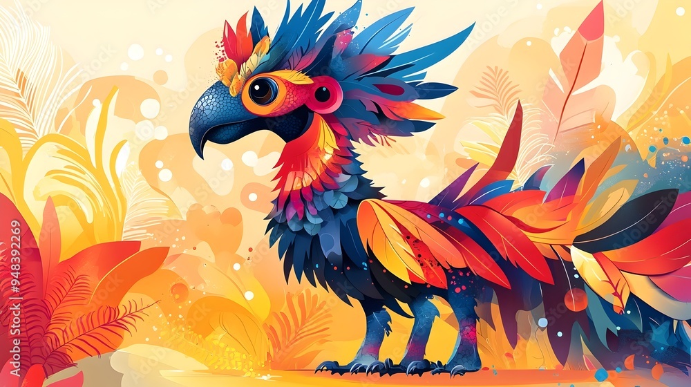 Obraz premium Vibrant and Surreal Fantastical Animal Hybrid with Colorful Feathers and Beak on Bright Background