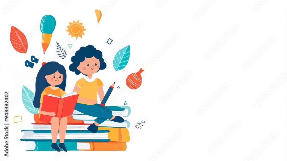 Fototapeta premium Children reading books together in a colorful educational setting