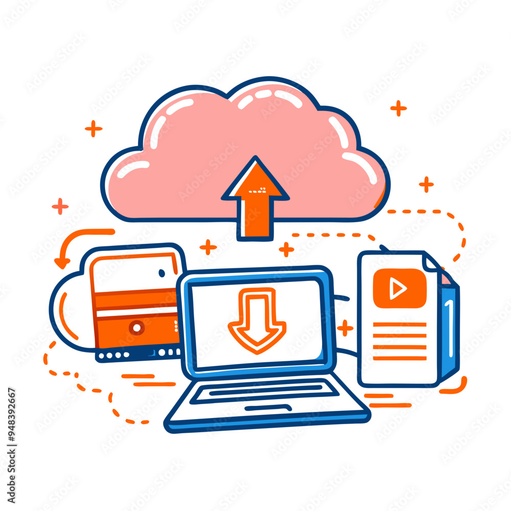 Online Backup and Cloud Storage Concept, Data Upload and Download Illustrated in Orange and Blue Online Backup and Cloud Storage Concept, Data Upload and Download Illustrated in Orange and Blue