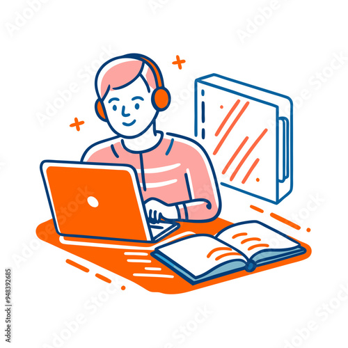 Online Learning with Laptop and Books, Student Wearing Headphones, Illustrated in Orange and Blue